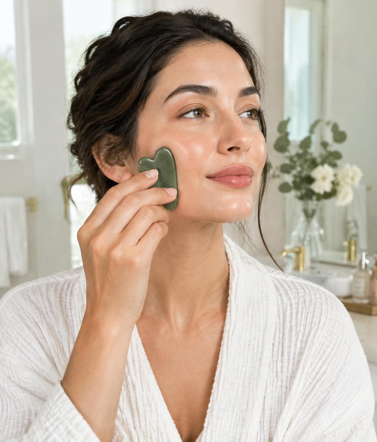 Woman using a jade gua sha stone along her cheek